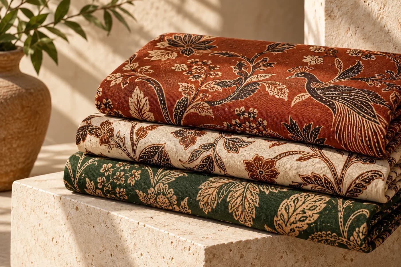 Tiga lembar kain batik Garutan terlipat