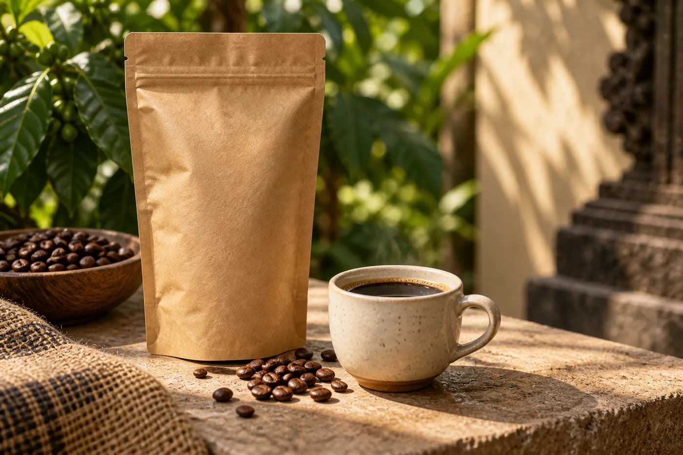 Kemasan kopi, biji kopi, dan secangkir kopi Garut